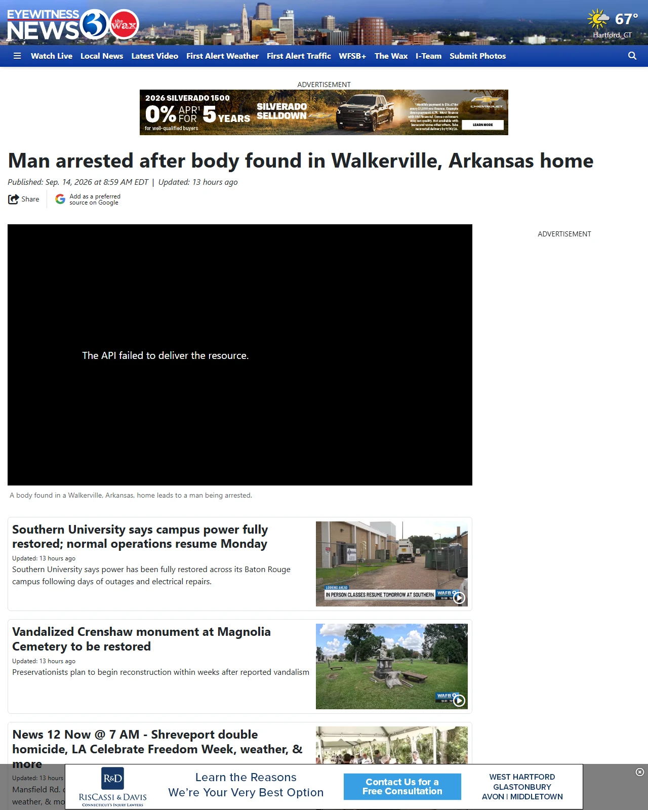 wfsb.com as published: Man arrested after body found in Walkerville, Arkansas home