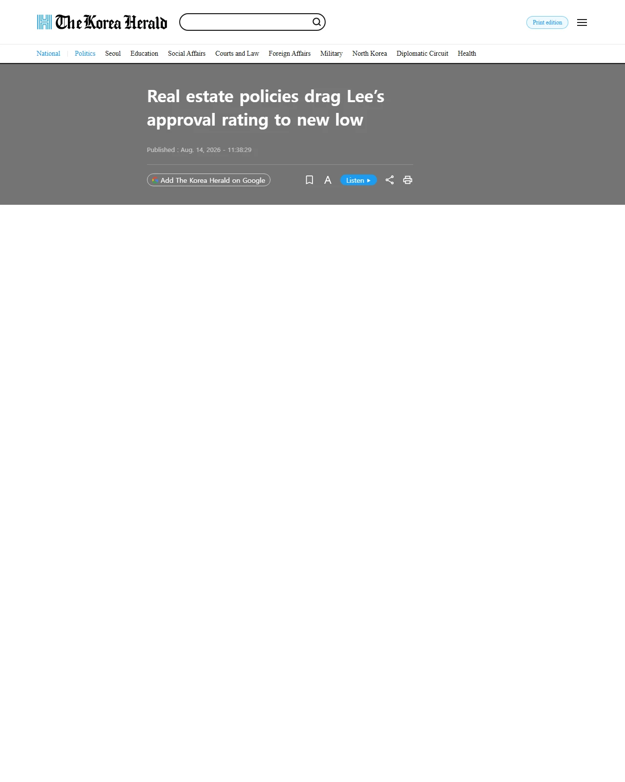 koreaherald.com as published: Real estate policies drag Lee’s approval rating to new low