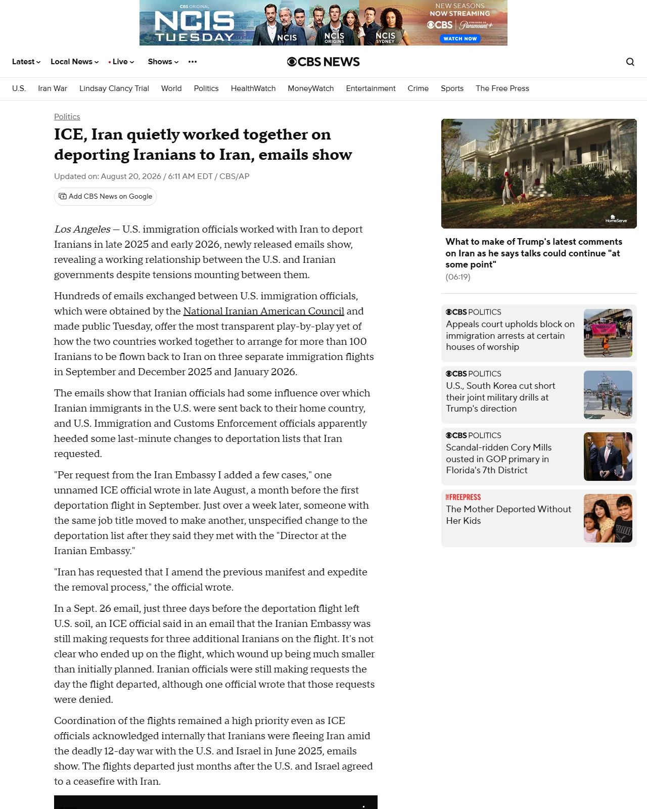 cbsnews.com as published: ICE, Iran quietly worked together on deporting Iranians to Iran, emails show