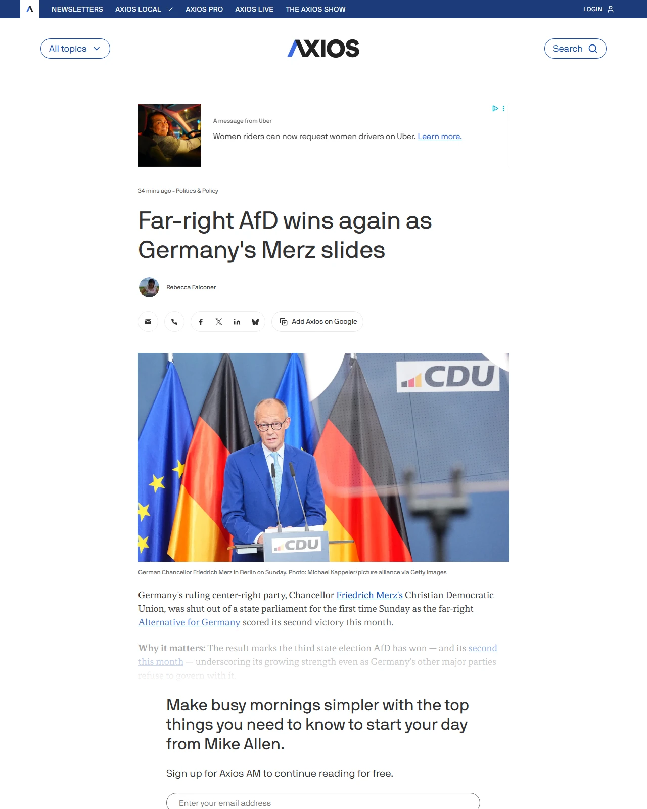 axios.com as published: Far-right AfD wins again as Germany's Merz slides