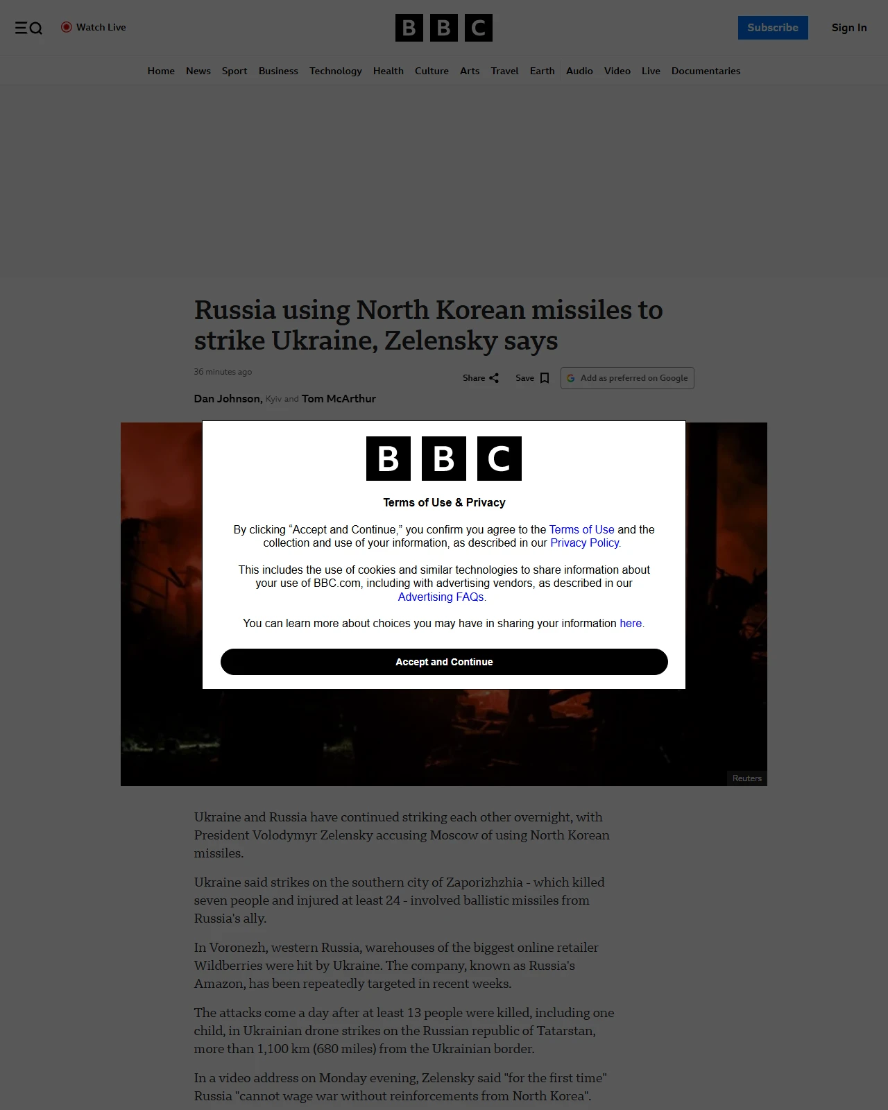 bbc.co.uk as published: Russia using North Korean missiles to strike Ukraine, Zelensky says
