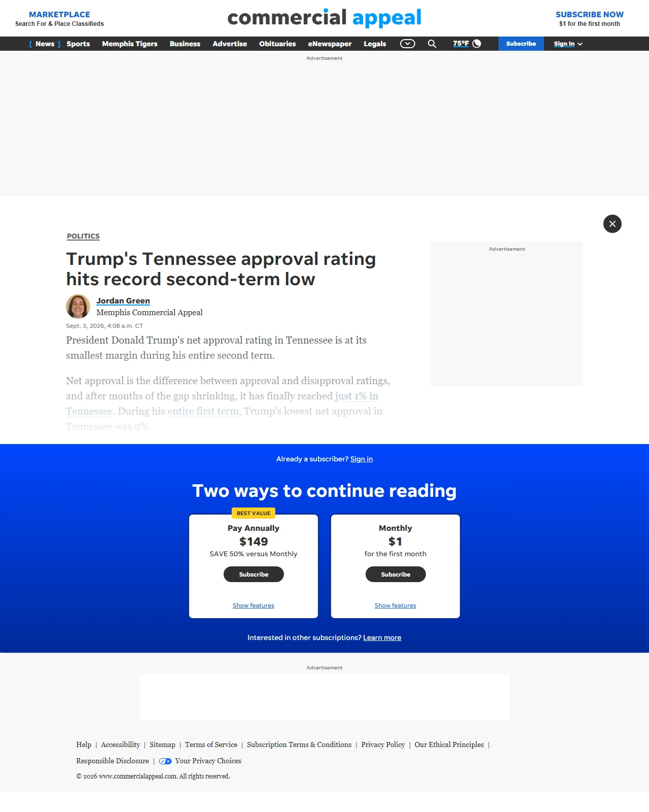 commercialappeal.com as published: Trump's Tennessee approval rating hits record second-term low
