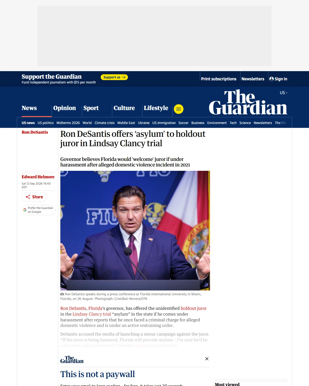 theguardian.com as published: Ron DeSantis offers ‘asylum’ to holdout juror in Lindsay Clancy trial